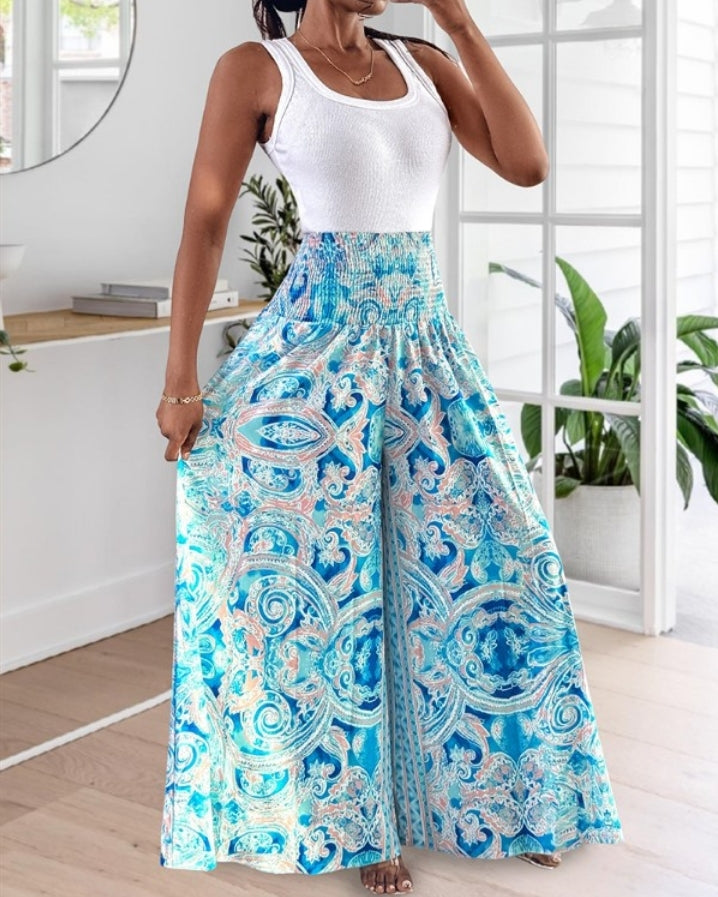 Premièrement : Le Pantalon larges , taille haute, à imprimé tropical femme, est la pièce parfaite pour insuffler une touche d’exotisme à votre garde-robe.