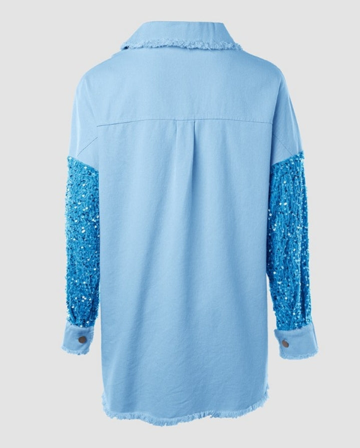 Premièrement : Apportez une touche d’éclat à votre look avec cette Veste décontractée à paillettes et patchwork à manches longues avec bouton sur le devant et ourlet brut femme 