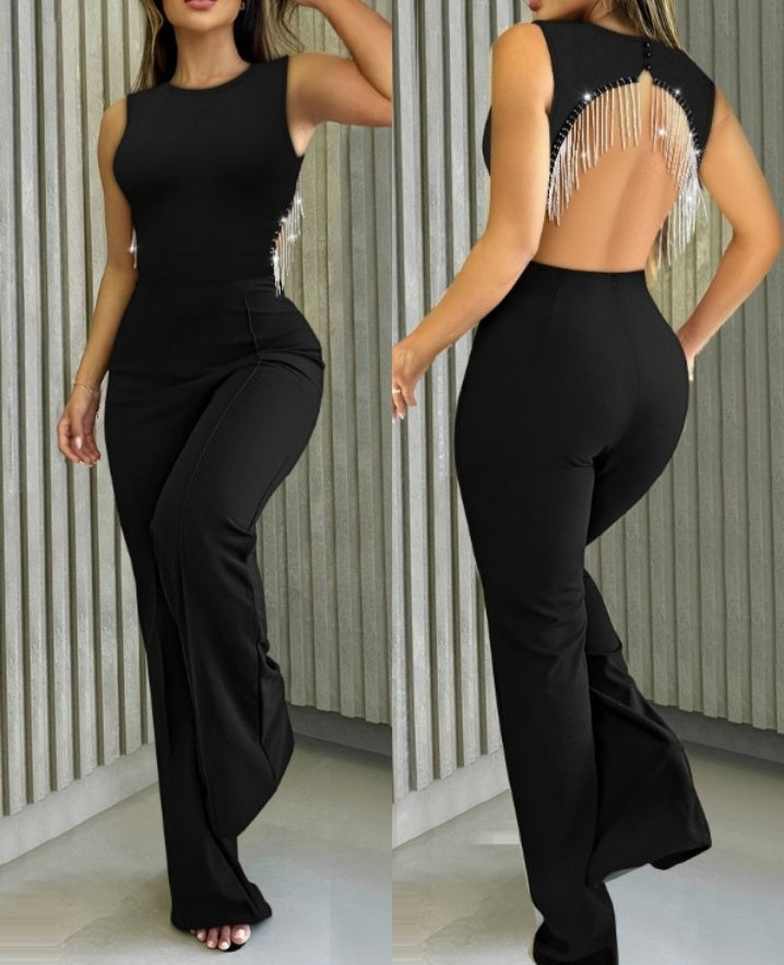 Premièrement : Brillez en toute simplicité avec cette Combinaison à col rond sans manches avec chaîne en strass , combinaison décontractée dos nu ample femme.