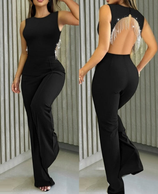 Premièrement : Brillez en toute simplicité avec cette Combinaison à col rond sans manches avec chaîne en strass , combinaison décontractée dos nu ample femme.