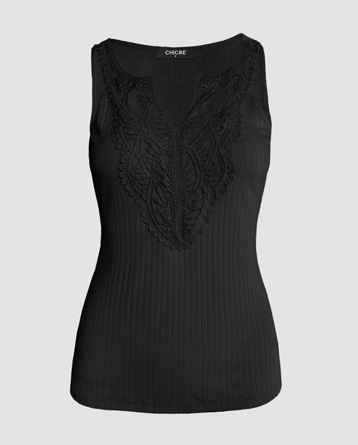 Premièrement : Ce Haut en tricot sans manches à col en V et dentelle contrastante Femme.