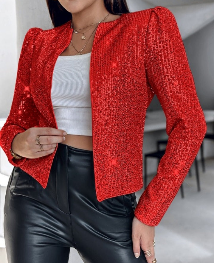 Premièrement : Brillez avec ce Manteau blazer à paillettes scintillantes, ouvert sur le devant , manches bouffantes femme.