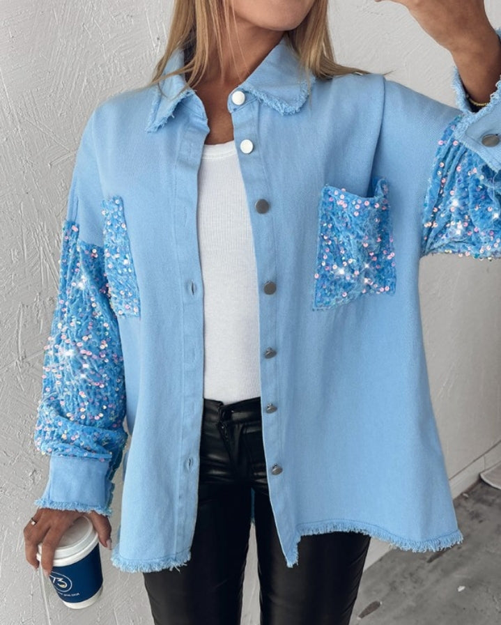 Premièrement : Apportez une touche d’éclat à votre look avec cette Veste décontractée à paillettes et patchwork à manches longues avec bouton sur le devant et ourlet brut femme 
