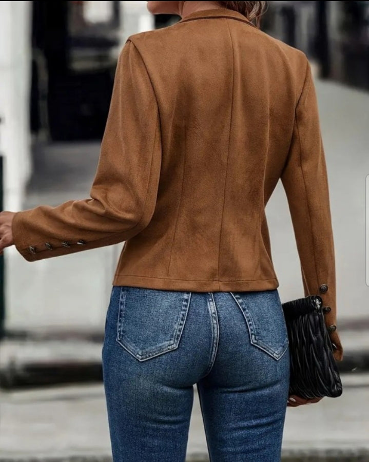 Premièrement : Adoptez un look chic et raffiné avec cette Veste à col montant en imitation daim , manteau décontracté ouvert sur le devant avec boutons décoratifs femme 