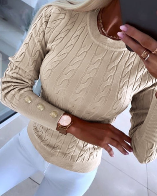 Long-sleeved, round-neck button-down braided knit sweater