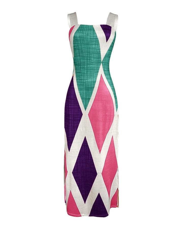 Premièrement : Cette Robe longue décontractée à.bretelles épaisses et imprimé géométrique, coupe ajustée, et fendue , avec poches Femme.