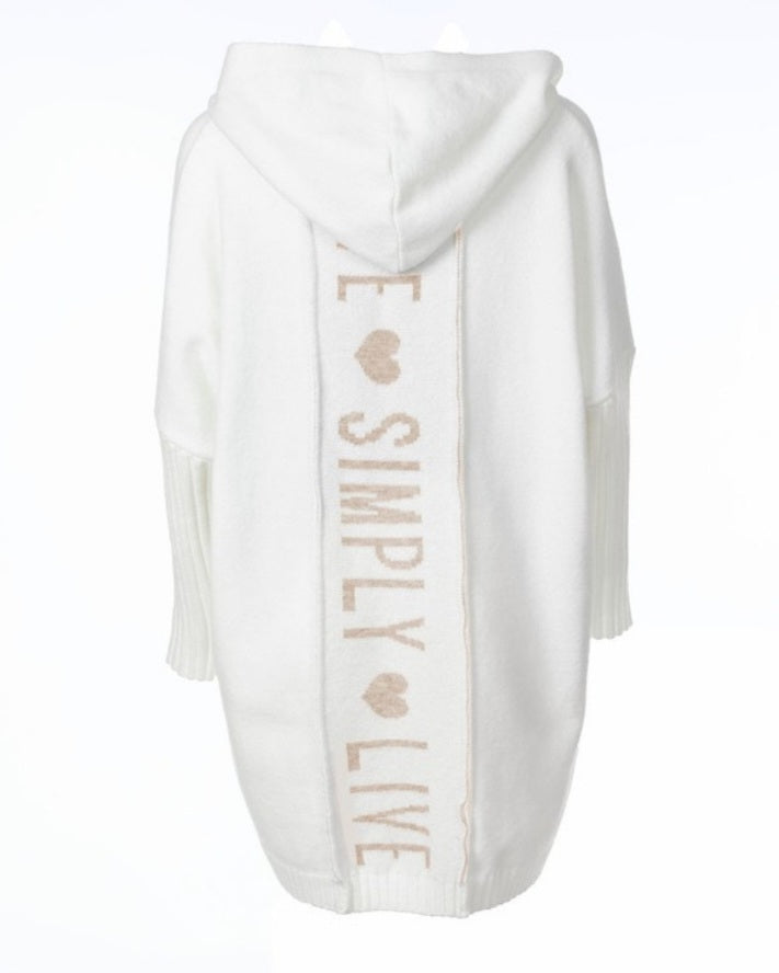 Long knitted cardigan with hood and heart print