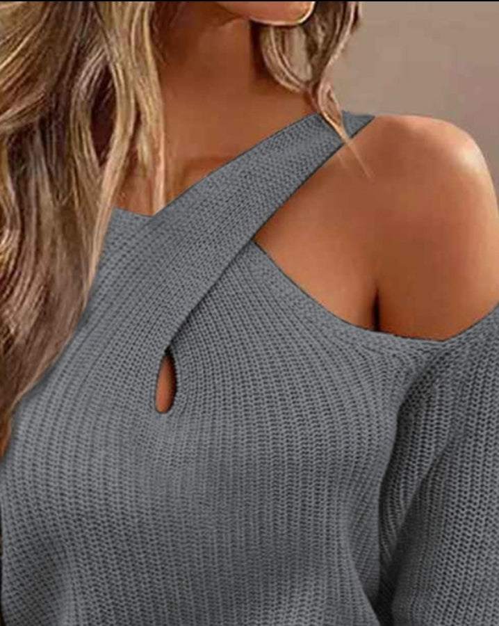 Off-the-shoulder crossover knit sweater