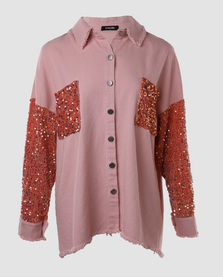 Premièrement : Apportez une touche d’éclat à votre look avec cette Veste décontractée à paillettes et patchwork à manches longues avec bouton sur le devant et ourlet brut femme 