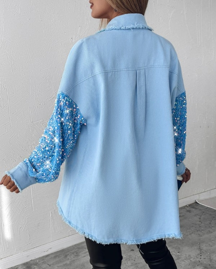 Premièrement : Apportez une touche d’éclat à votre look avec cette Veste décontractée à paillettes et patchwork à manches longues avec bouton sur le devant et ourlet brut femme 
