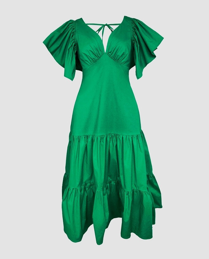 Premièrement : Cette Robe longue décontractée à volants et col en V , manches flottantes, dos nu , Froncée Femme