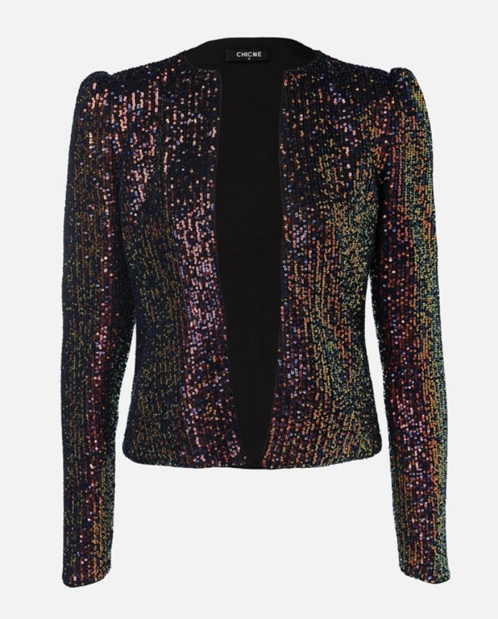 Premièrement : Brillez avec ce Manteau blazer à paillettes scintillantes, ouvert sur le devant , manches bouffantes femme.