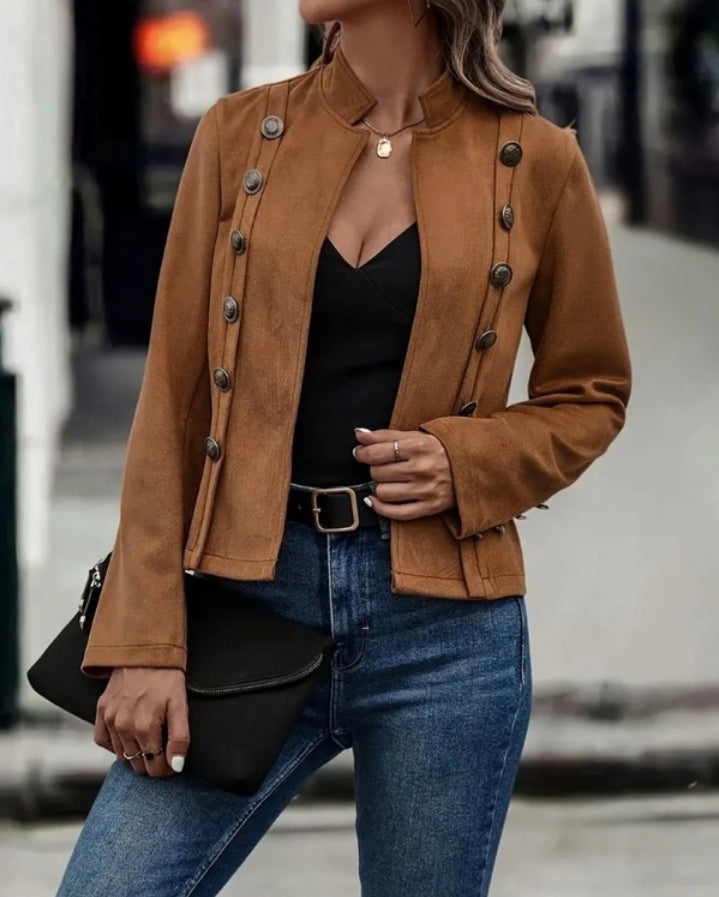 Premièrement : Adoptez un look chic et raffiné avec cette Veste à col montant en imitation daim , manteau décontracté ouvert sur le devant avec boutons décoratifs femme 