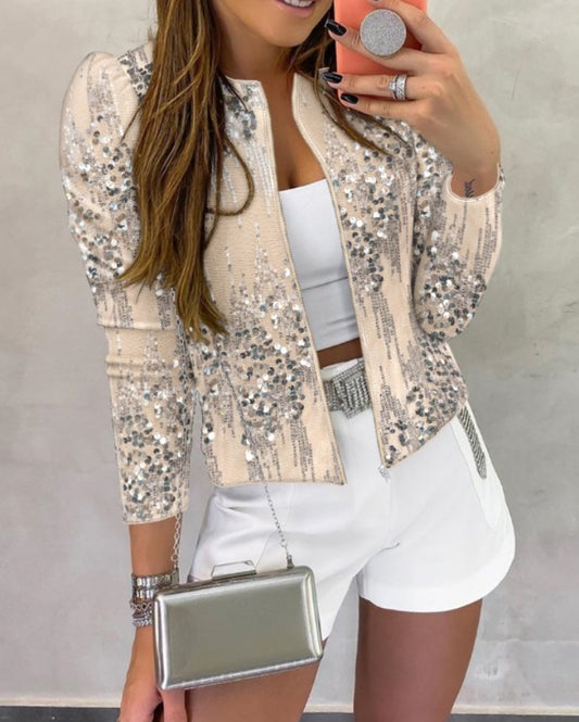 Premièrement : Faites sensation avec ce Manteau à sequins zippé à manches longues et col rond femme.