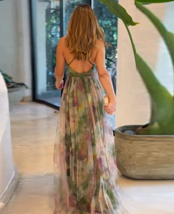 Premièrement : Cette Robe longues à imprimé floral , décolleté plongeant en V , bretelles spaghetti, élégante, taille haute , fente en maille Femme.