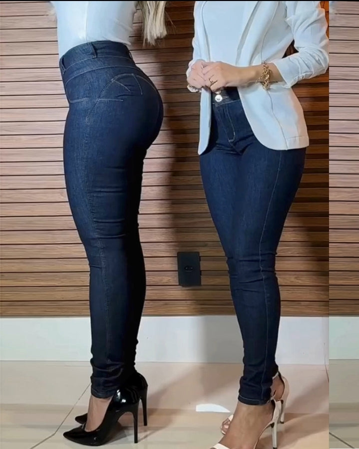Premièrement : Ce Jean skinny taille haute boutonné sur le devant avec effet rehausseur de fesses , pantalon décontracté femme .