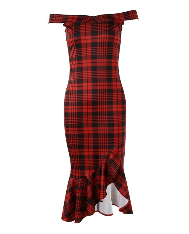 Premièrement : Cette Robe fendue à carreaux et épaules dénudées Femme.