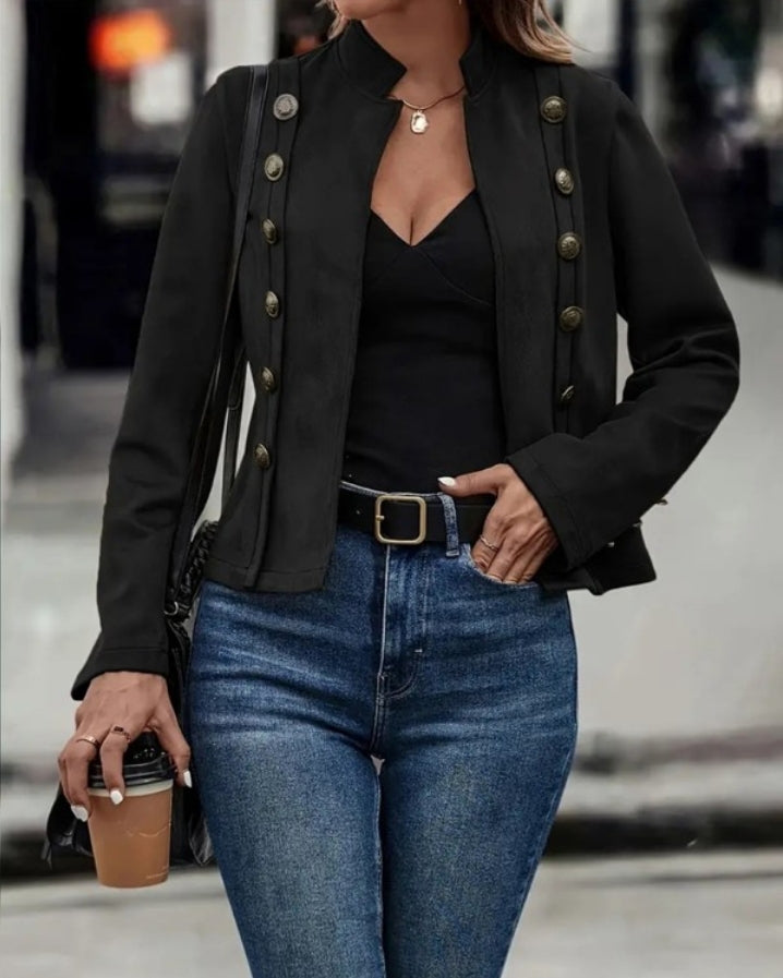 Women's Faux Suede Stand Collar Jacket, Casual Open Front Coat with Decorative Buttons