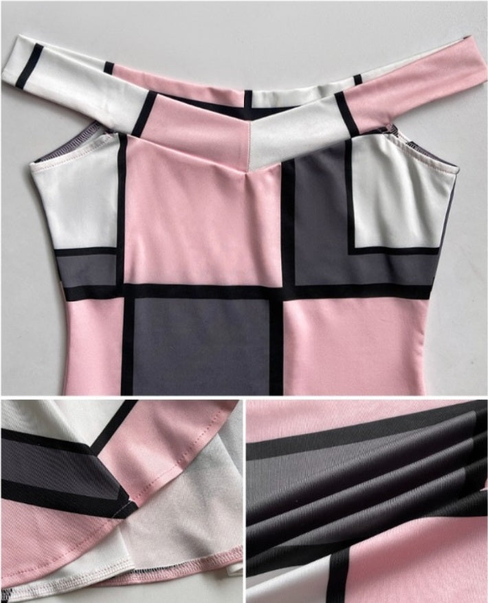 Premièrement : Cette Robe moulante à imprimé géométrique et épaules dénudées avec ourlet à volants et coupe ajustée femme .