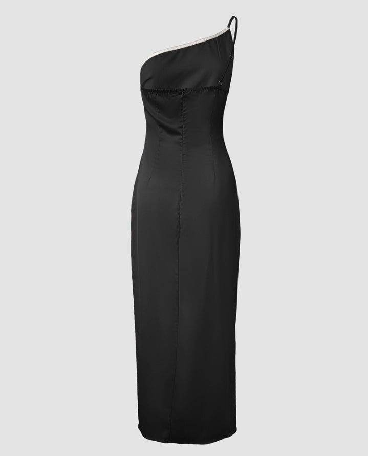 Premièrement : Cette Robe longue décontractée à une épaule sans manches , Froncée et fendue sur le côté Femme.