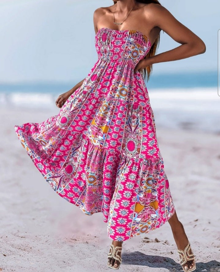 Premièrement : Cette Jupe longues plissées bohème d'été Jupes maxi fluides taille haute en ligne A Femme.