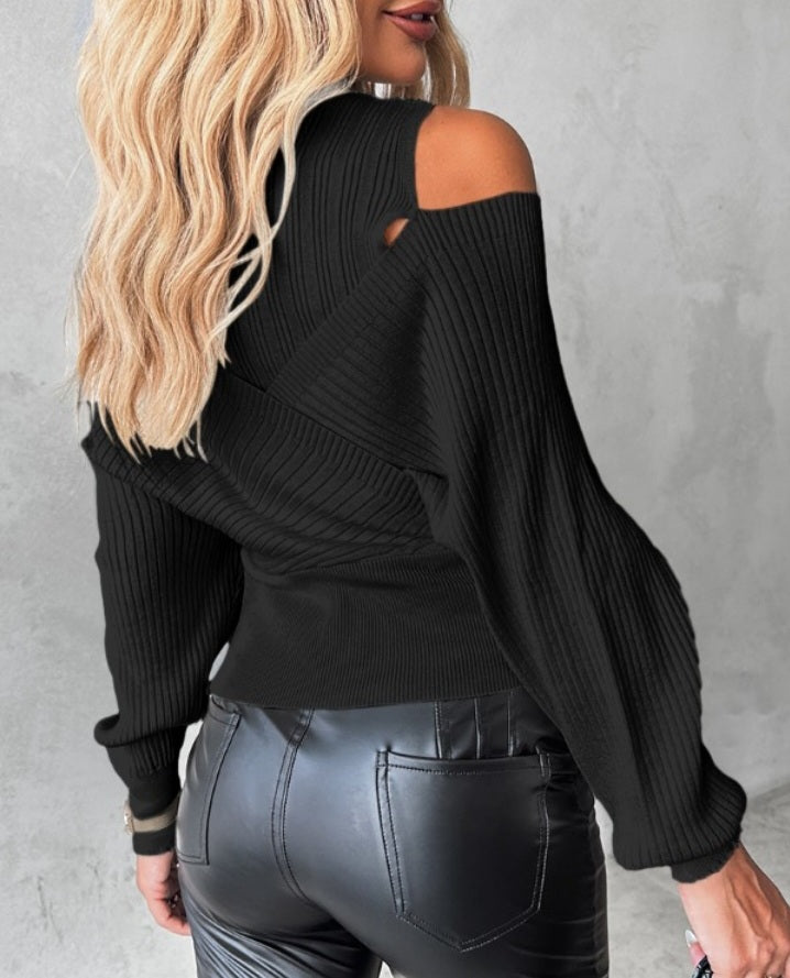 Off-the-shoulder openwork knit sweater with overlap