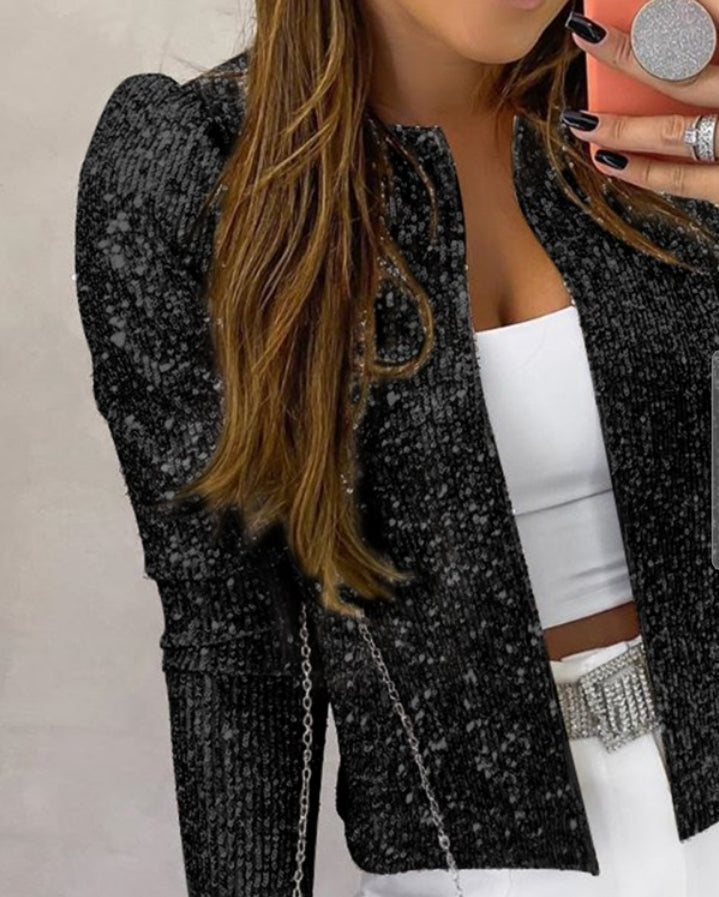 Premièrement : Brillez avec ce Manteau blazer à paillettes scintillantes, ouvert sur le devant , manches bouffantes femme.