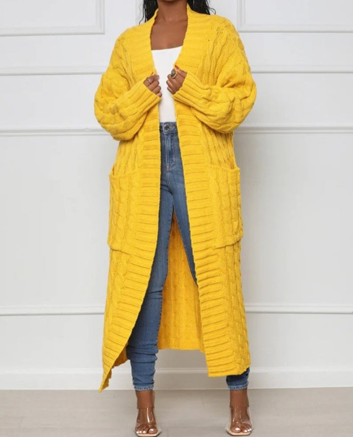 Long cable knit cardigan with pocket