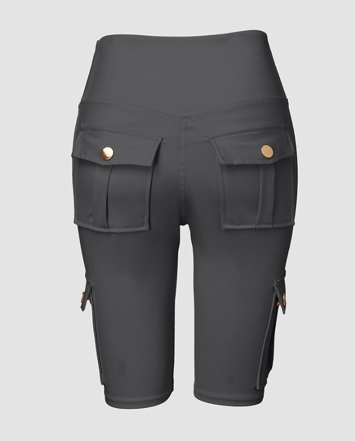 Premièrement : Ce Short de sport pour le contrôle du ventre et le levage des fesses, taille haute , avec poche à rabat , pour entraînement , bermuda cargo , pour la course à pied femme.