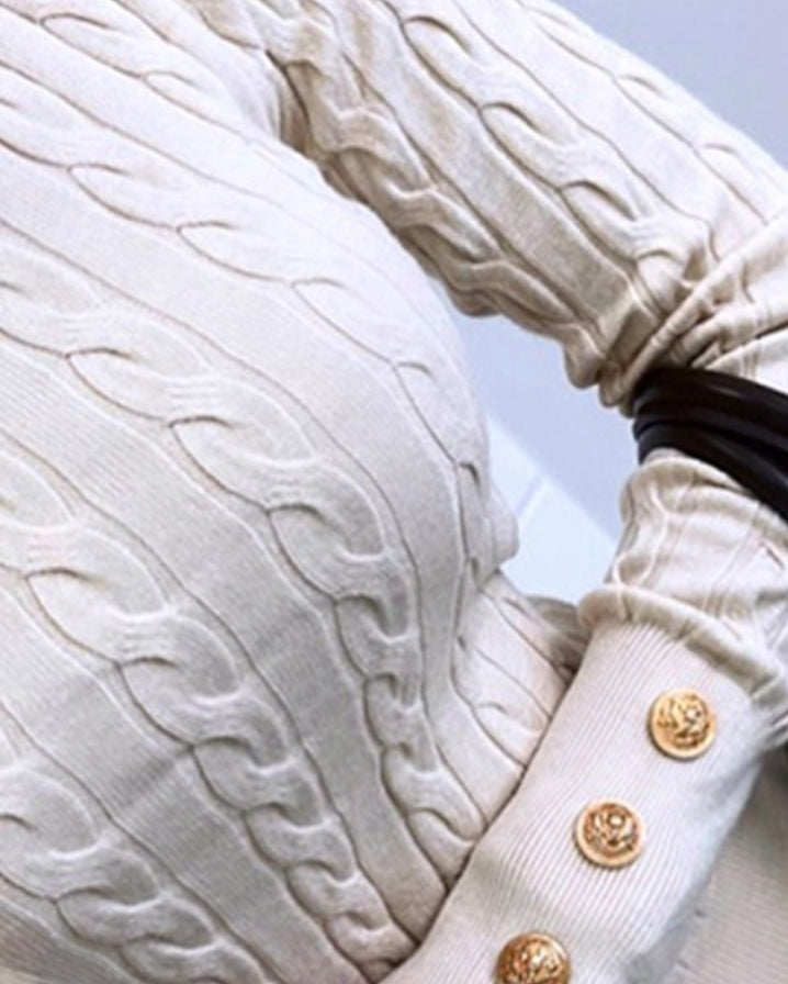 Long-sleeved, round-neck button-down braided knit sweater