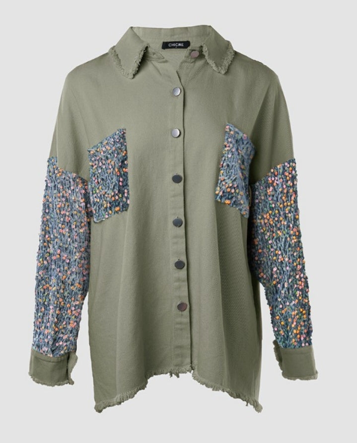 Premièrement : Apportez une touche d’éclat à votre look avec cette Veste décontractée à paillettes et patchwork à manches longues avec bouton sur le devant et ourlet brut femme 