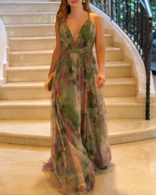 Premièrement : Cette Robe longues à imprimé floral , décolleté plongeant en V , bretelles spaghetti, élégante, taille haute , fente en maille Femme.