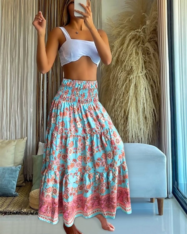 Premièrement : Cette Jupe longues plissées bohème d'été Jupes maxi fluides taille haute en ligne A Femme.
