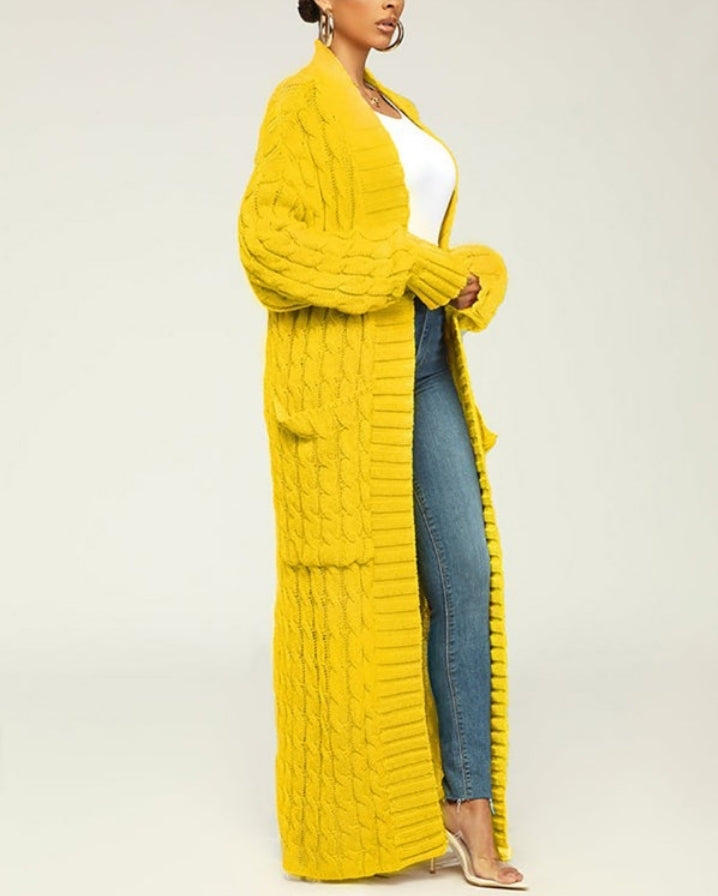 Long cable knit cardigan with pocket