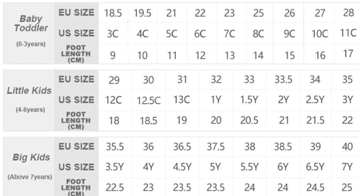 Size chart for children's shoe size G/F